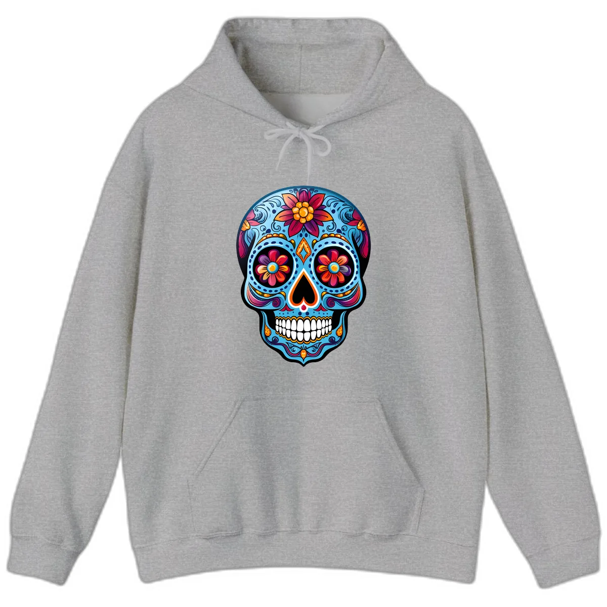 Vibrant Floral Calavera Sugar Skull Artwork Hoodie in Sport Grey