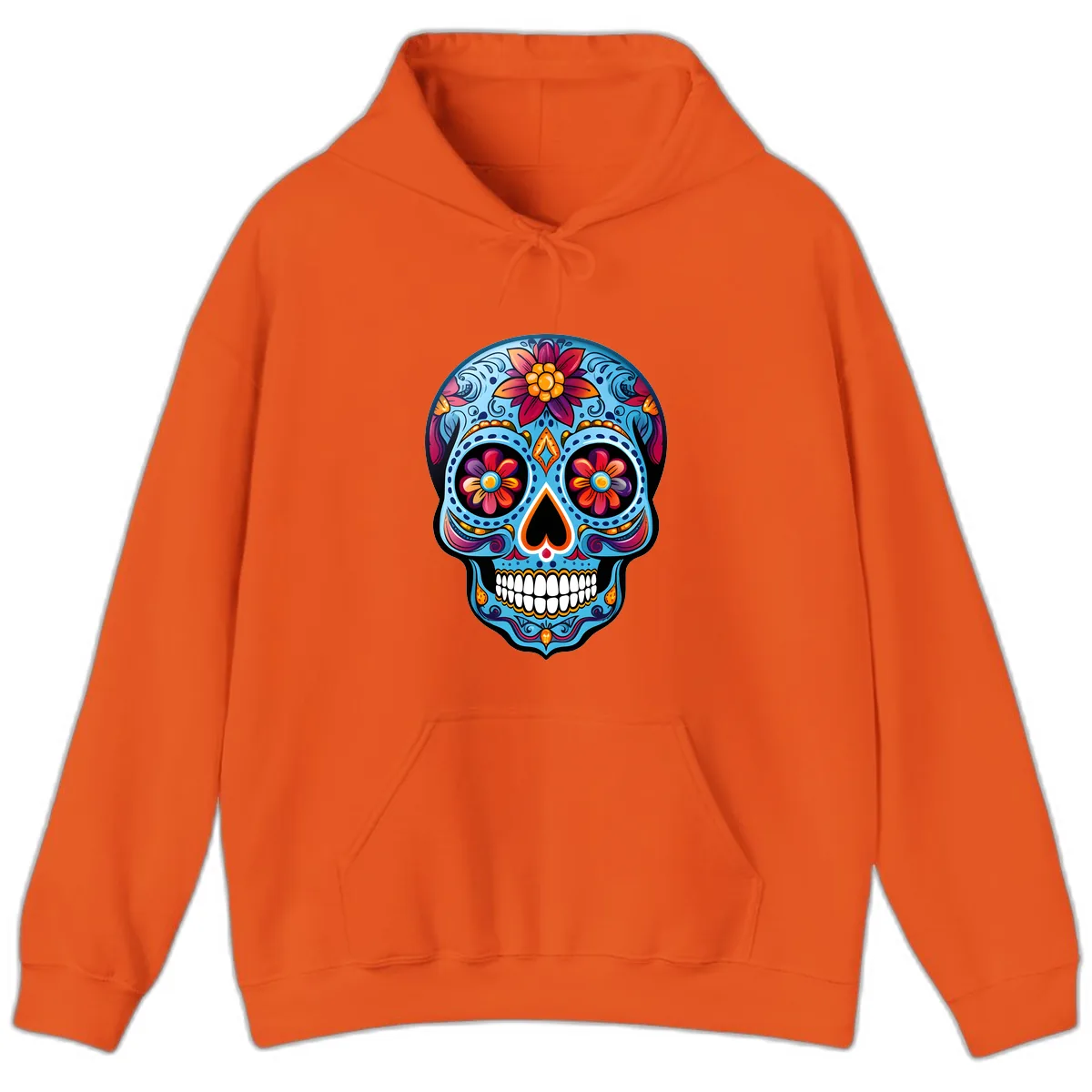 Vibrant Floral Calavera Sugar Skull Artwork Hoodie in Orange