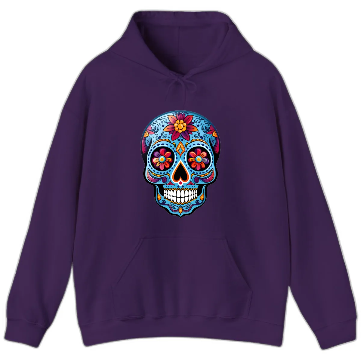 Vibrant Floral Calavera Sugar Skull Artwork Hoodie in Purple