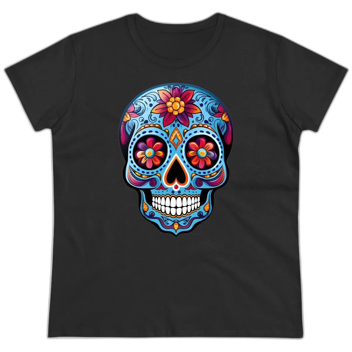 Vibrant Floral Calavera Sugar Skull Artwork Ladies Tee in Black