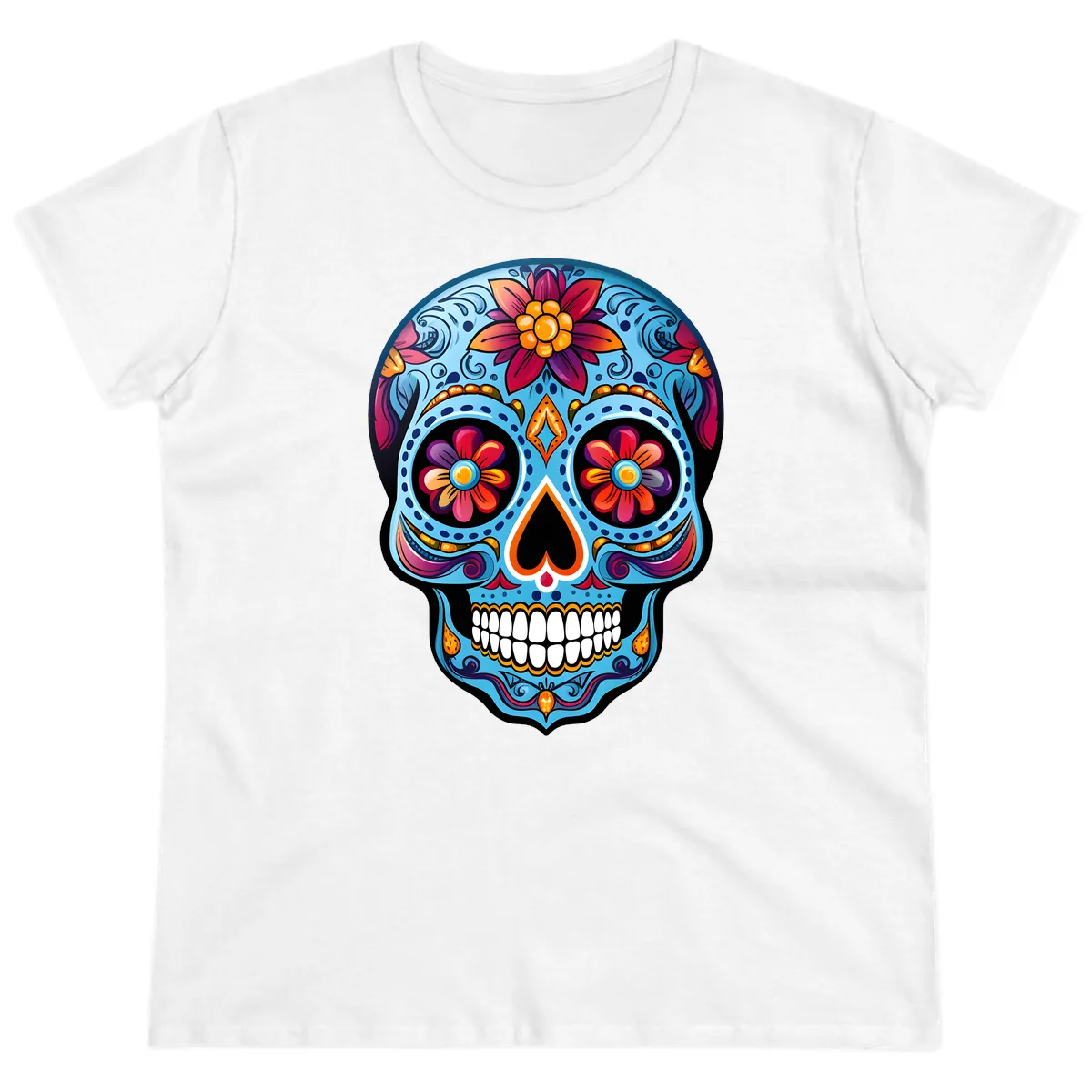 Vibrant Floral Calavera Sugar Skull Artwork Ladies Tee in White
