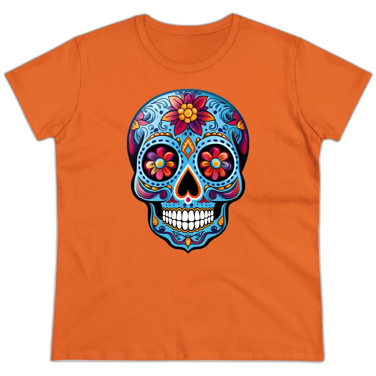 Vibrant Floral Calavera Sugar Skull Artwork Ladies Tee in Orange