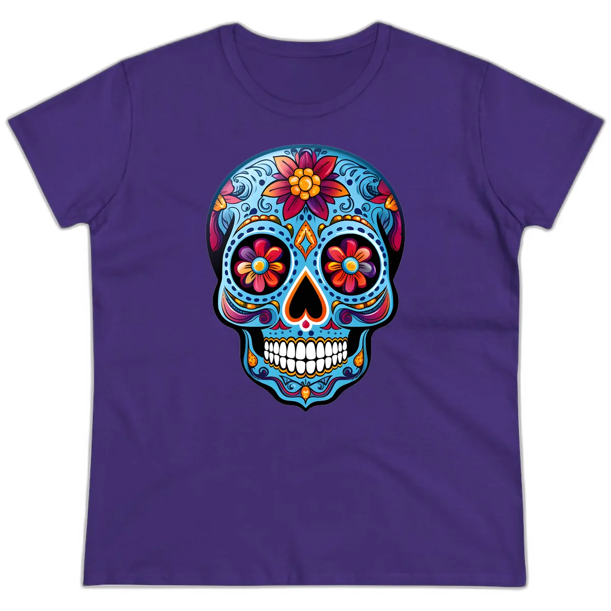 Vibrant Floral Calavera Sugar Skull Artwork Ladies Tee in Purple