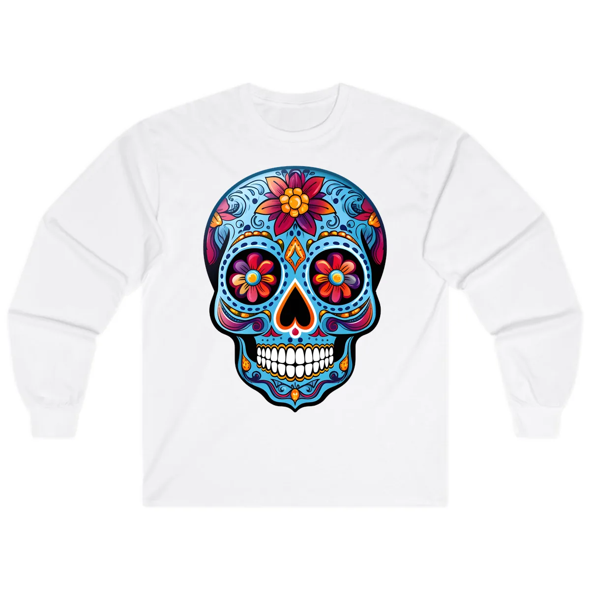 Vibrant Floral Calavera Sugar Skull Artwork Long Sleeve in White