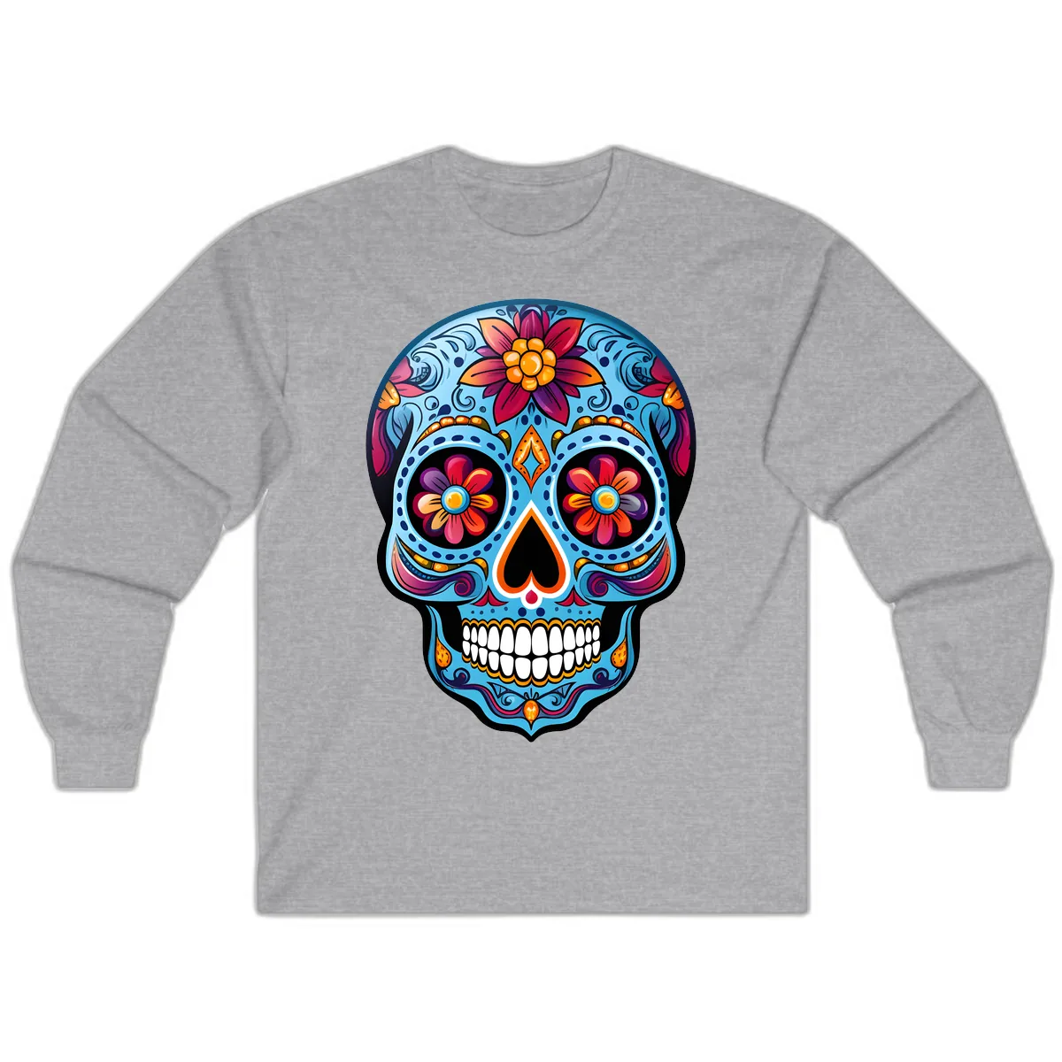 Vibrant Floral Calavera Sugar Skull Artwork Long Sleeve in Sport Grey