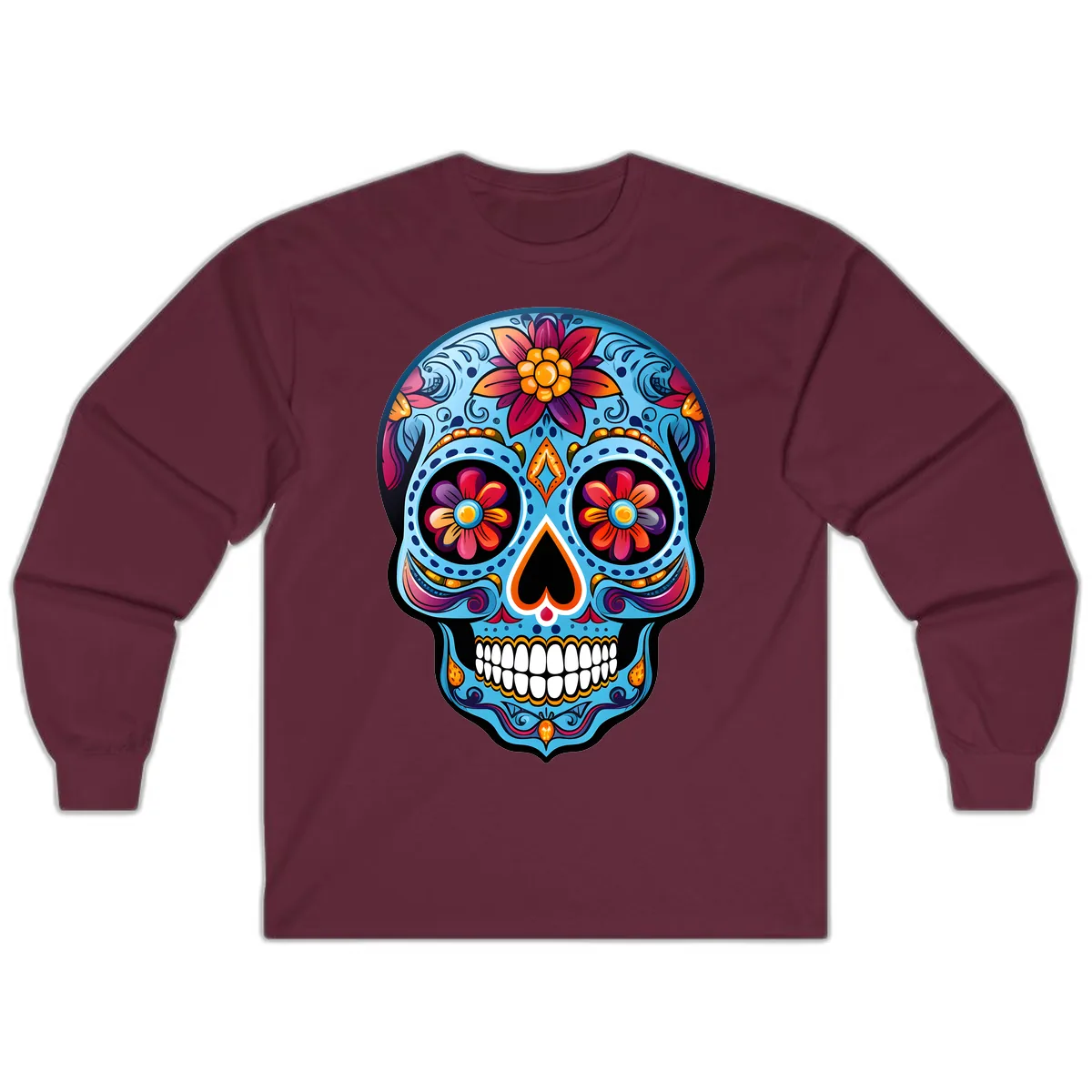 Vibrant Floral Calavera Sugar Skull Artwork Long Sleeve in Maroon