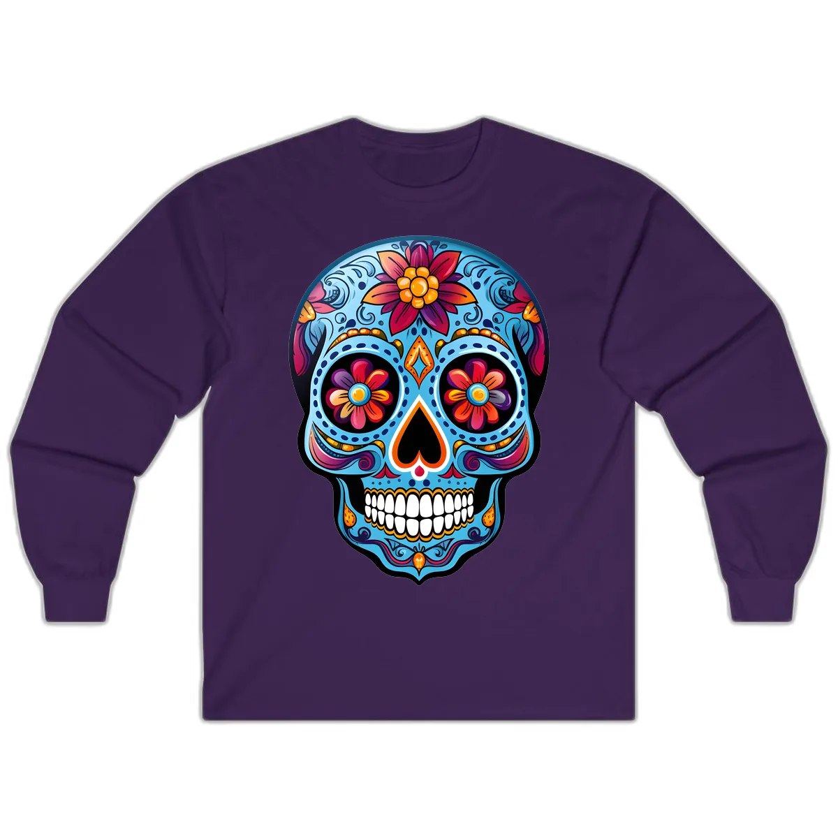 Vibrant Floral Calavera Sugar Skull Artwork Long Sleeve in Purple