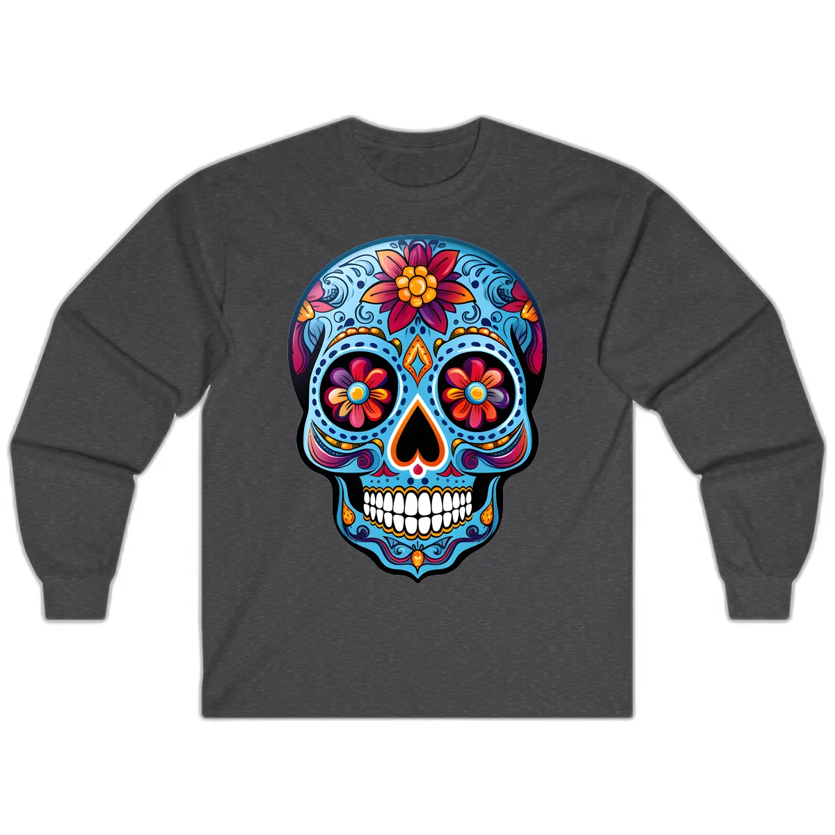 Vibrant Floral Calavera Sugar Skull Artwork Long Sleeve in Dark Heather
