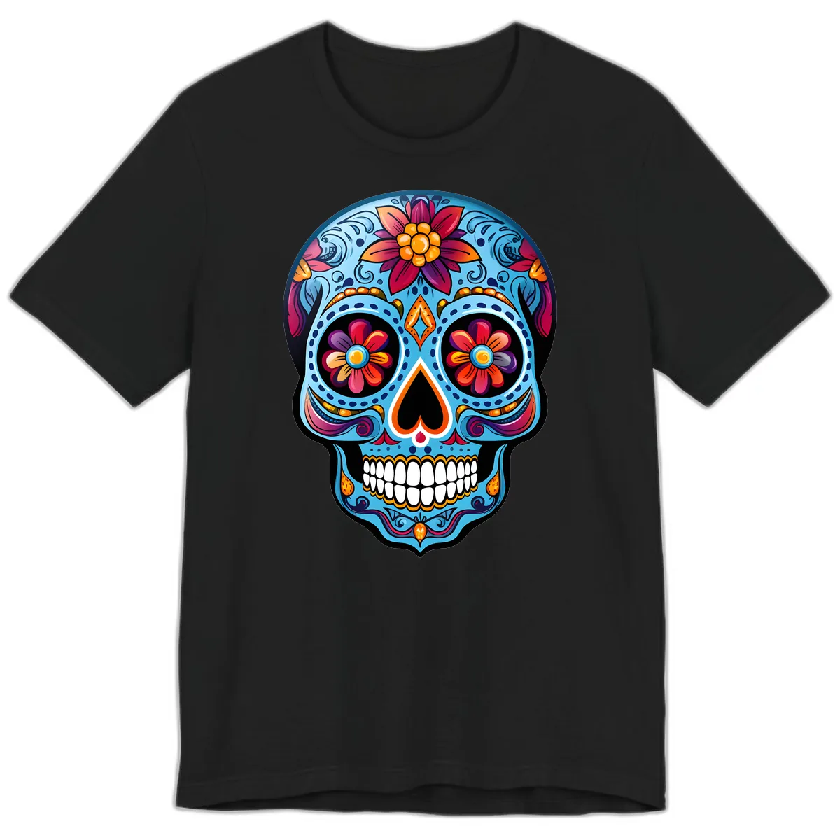 Vibrant Floral Calavera Sugar Skull Artwork Premium T-Shirt in Black