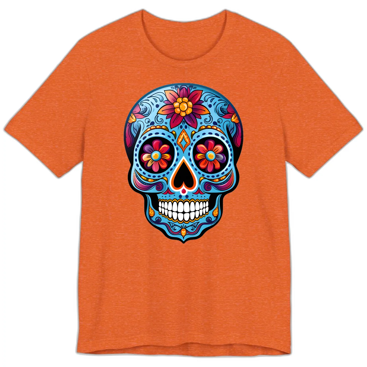 Vibrant Floral Calavera Sugar Skull Artwork Premium T-Shirt in Heather Orange