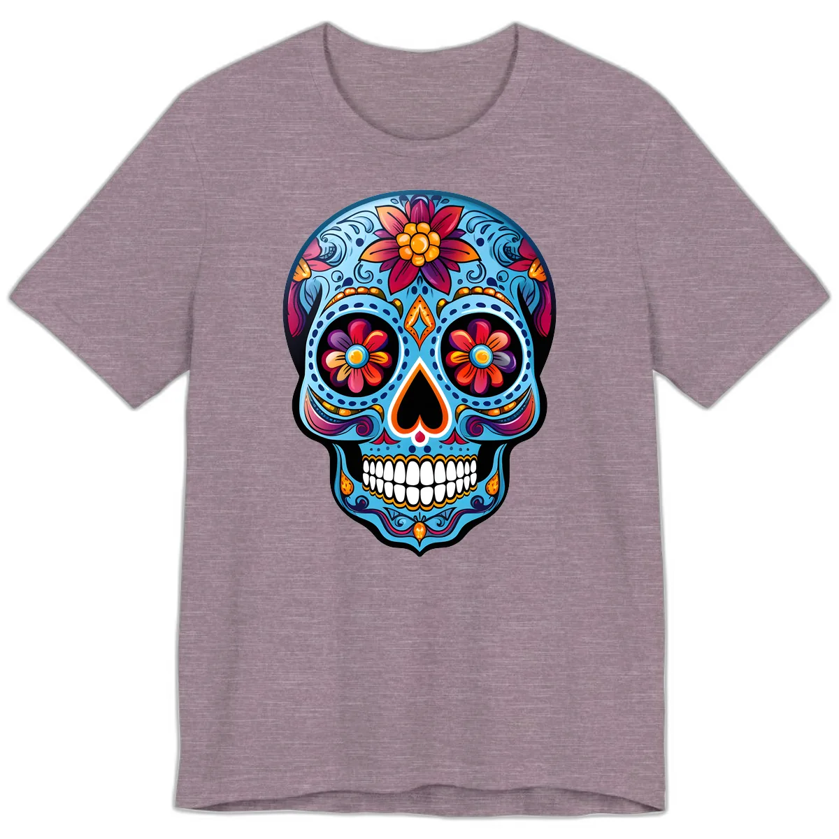 Vibrant Floral Calavera Sugar Skull Artwork Premium T-Shirt in Heather Purple