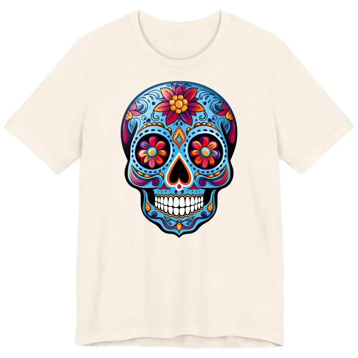 Vibrant Floral Calavera Sugar Skull Artwork Premium T-Shirt in Natural