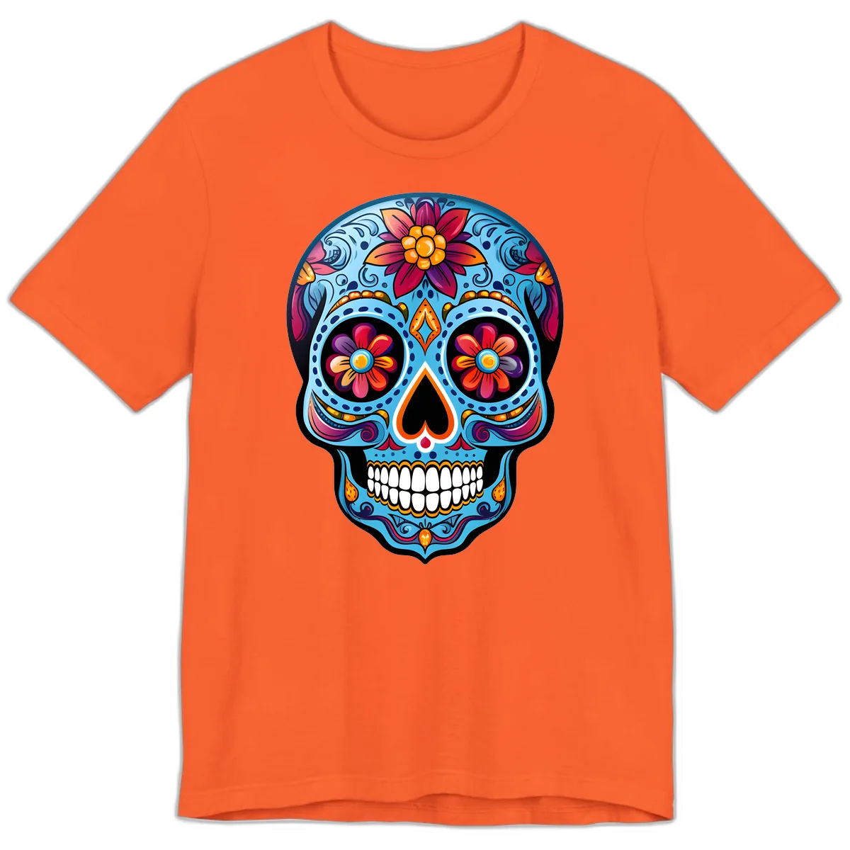 Vibrant Floral Calavera Sugar Skull Artwork Premium T-Shirt in Orange