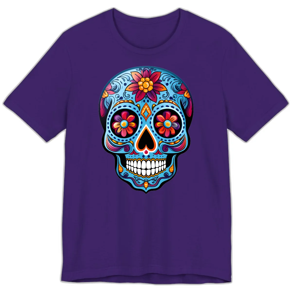 Vibrant Floral Calavera Sugar Skull Artwork Premium T-Shirt in Team Purple