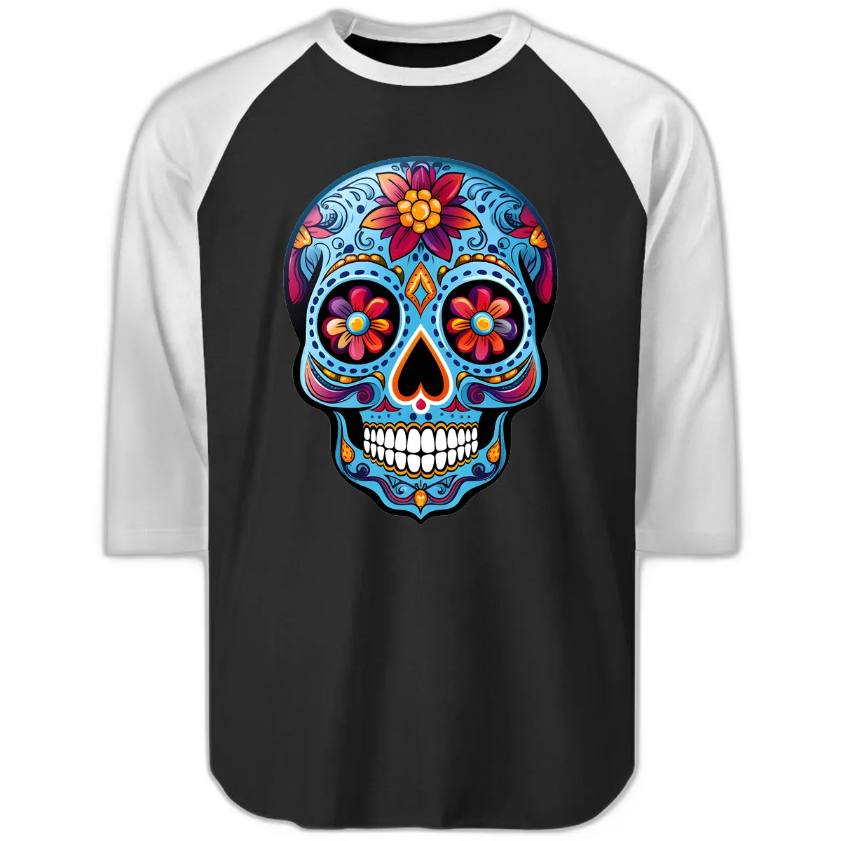 Vibrant Floral Calavera Sugar Skull Artwork Raglan 3/4 in Black White