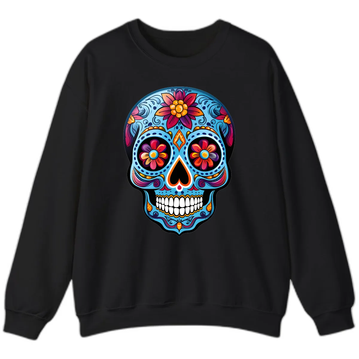 Vibrant Floral Calavera Sugar Skull Artwork Sweatshirt in Black