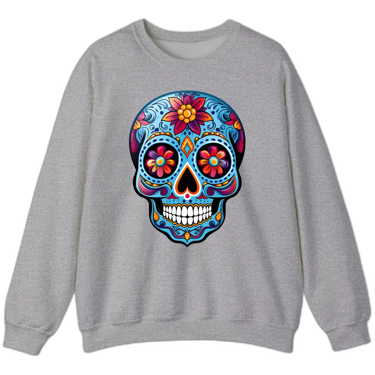 Vibrant Floral Calavera Sugar Skull Artwork Sweatshirt in Sport Grey