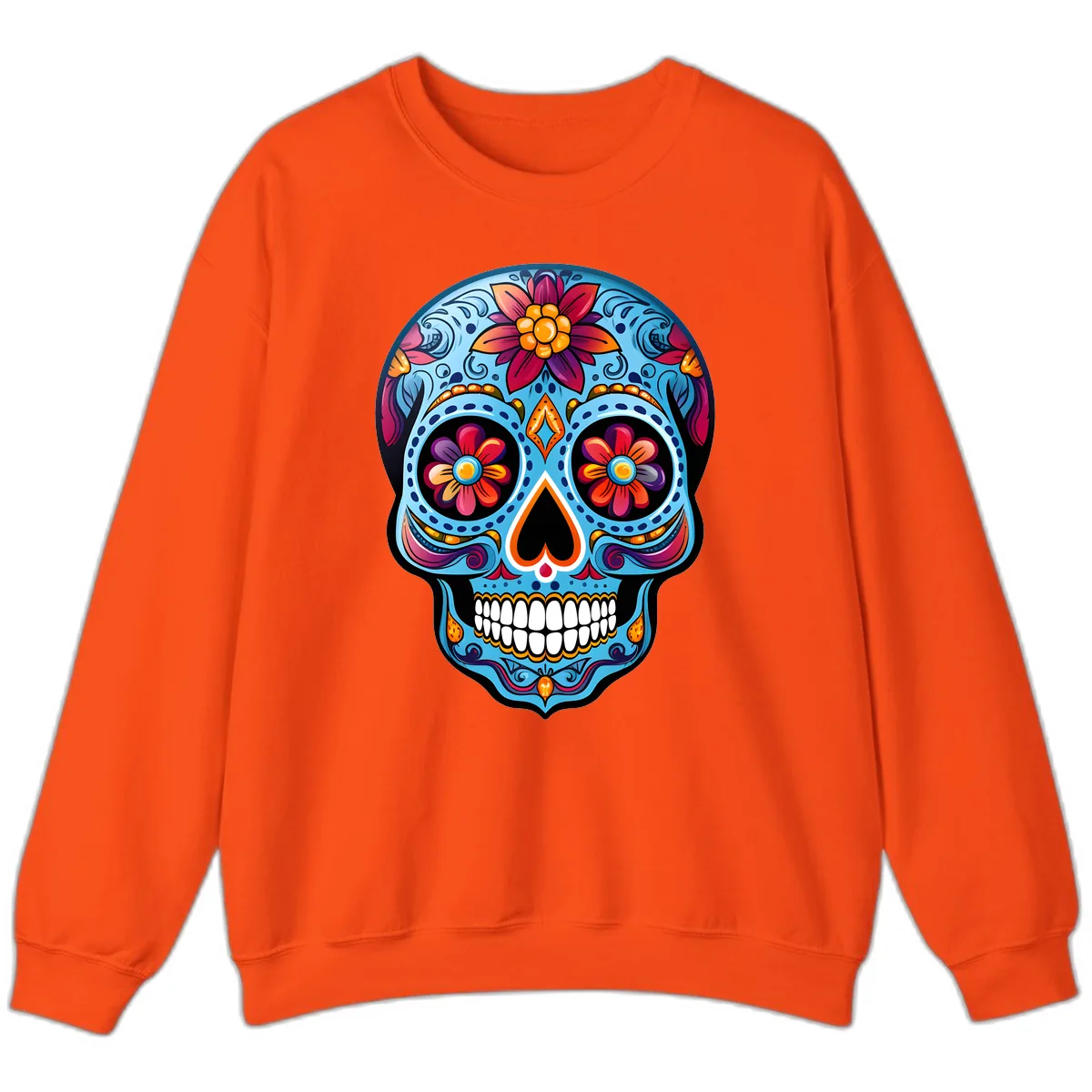 Vibrant Floral Calavera Sugar Skull Artwork Sweatshirt in Orange