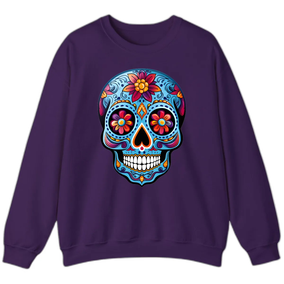 Vibrant Floral Calavera Sugar Skull Artwork Sweatshirt in Purple