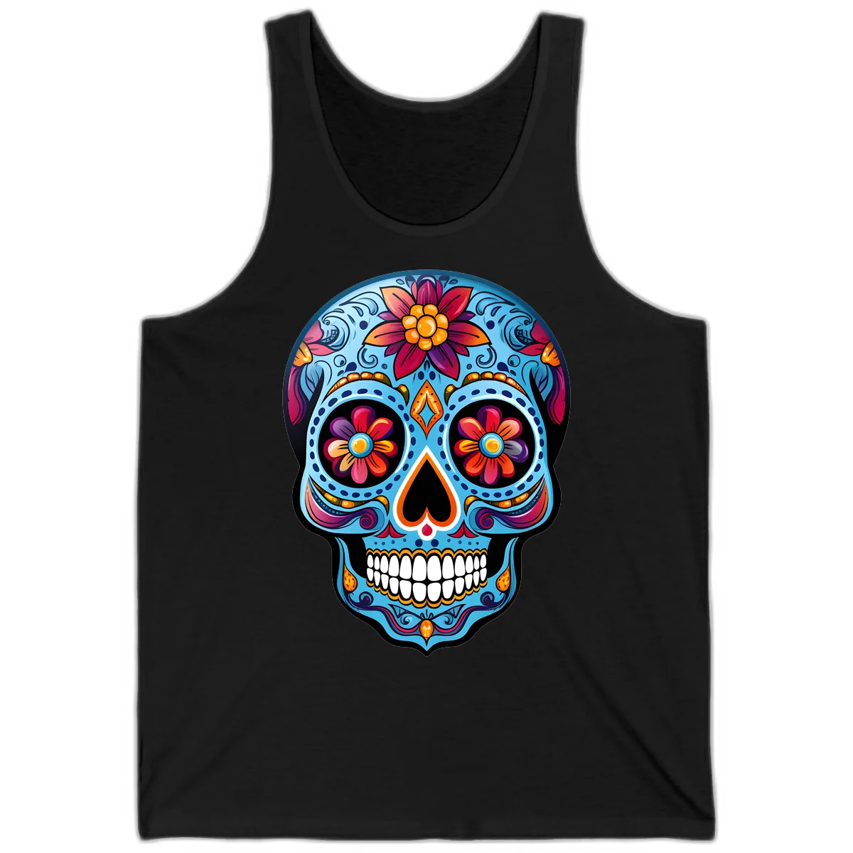 Vibrant Floral Calavera Sugar Skull Artwork Tank in Black