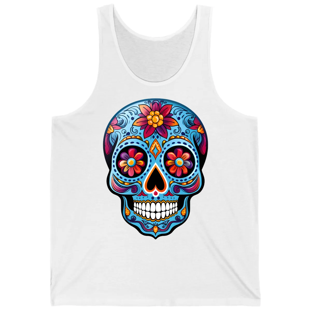 Vibrant Floral Calavera Sugar Skull Artwork Tank in White