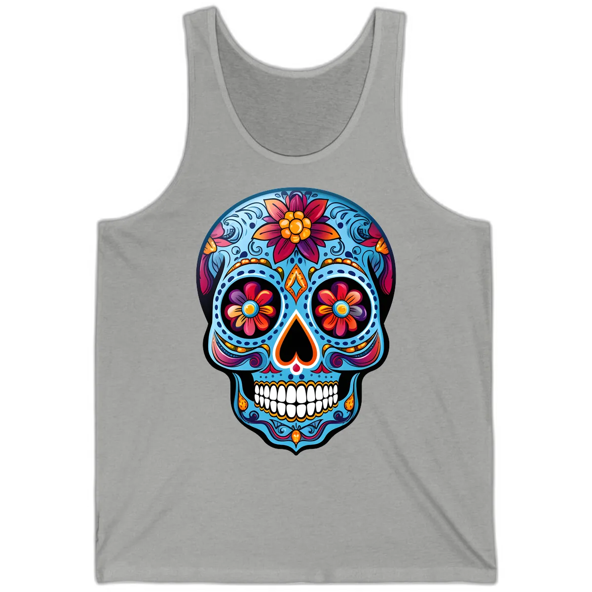 Vibrant Floral Calavera Sugar Skull Artwork Tank in Athletic Heather