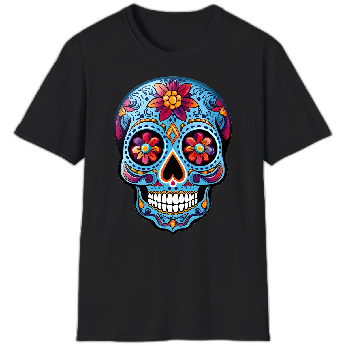 Vibrant Floral Calavera Sugar Skull Artwork T-Shirt in Black