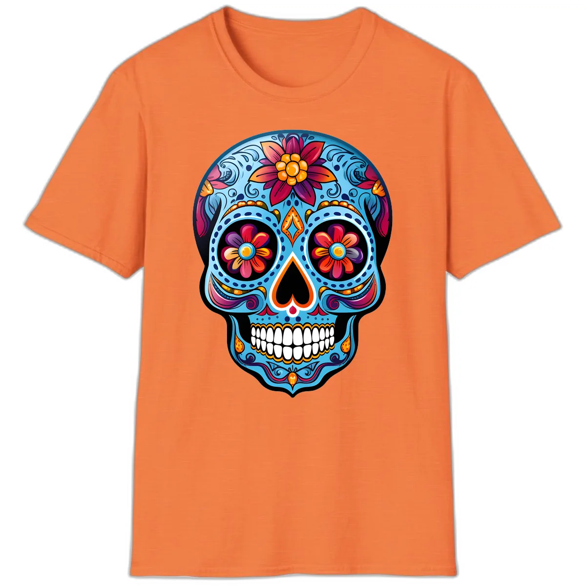 Vibrant Floral Calavera Sugar Skull Artwork T-Shirt in Heather Orange