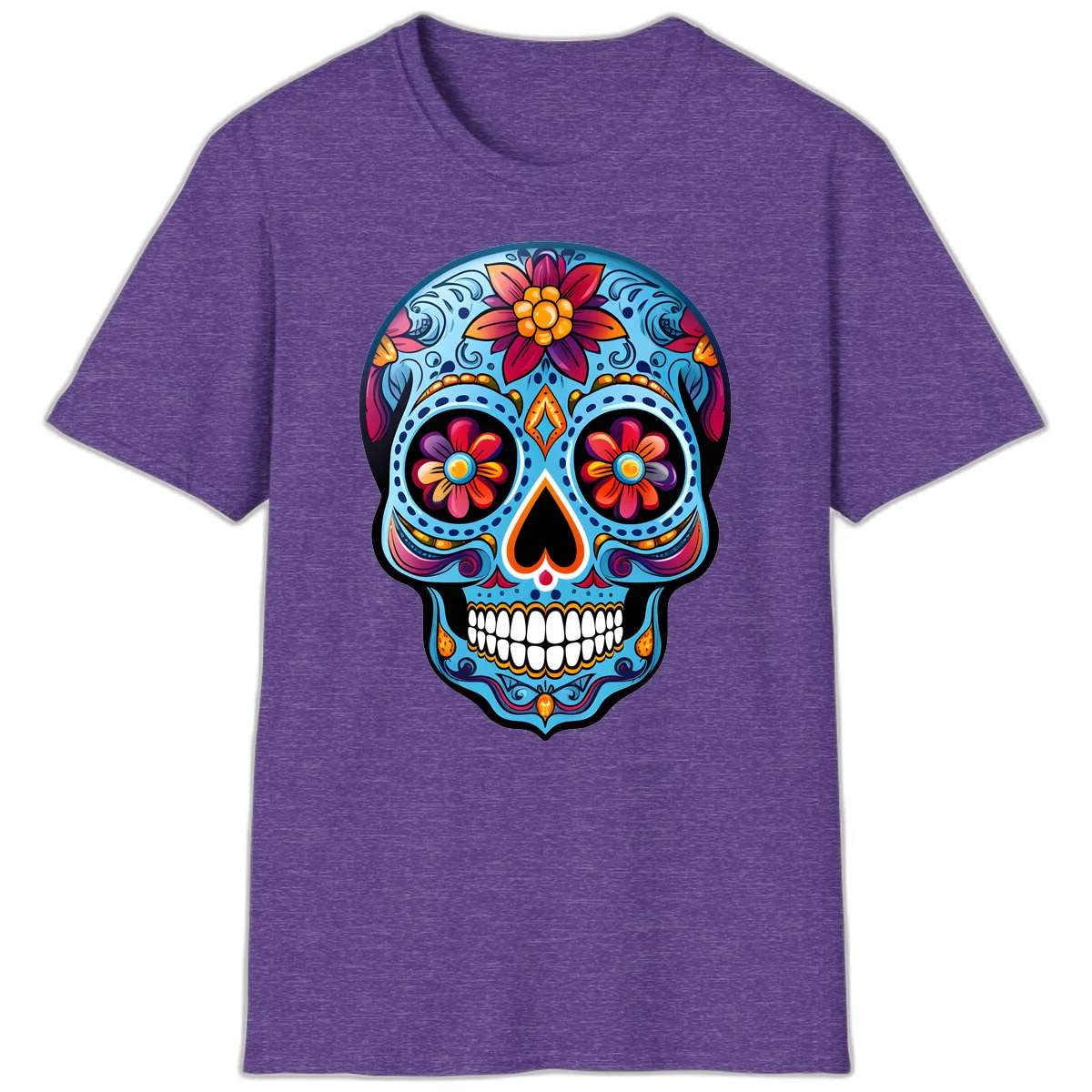Vibrant Floral Calavera Sugar Skull Artwork T-Shirt in Heather Purple