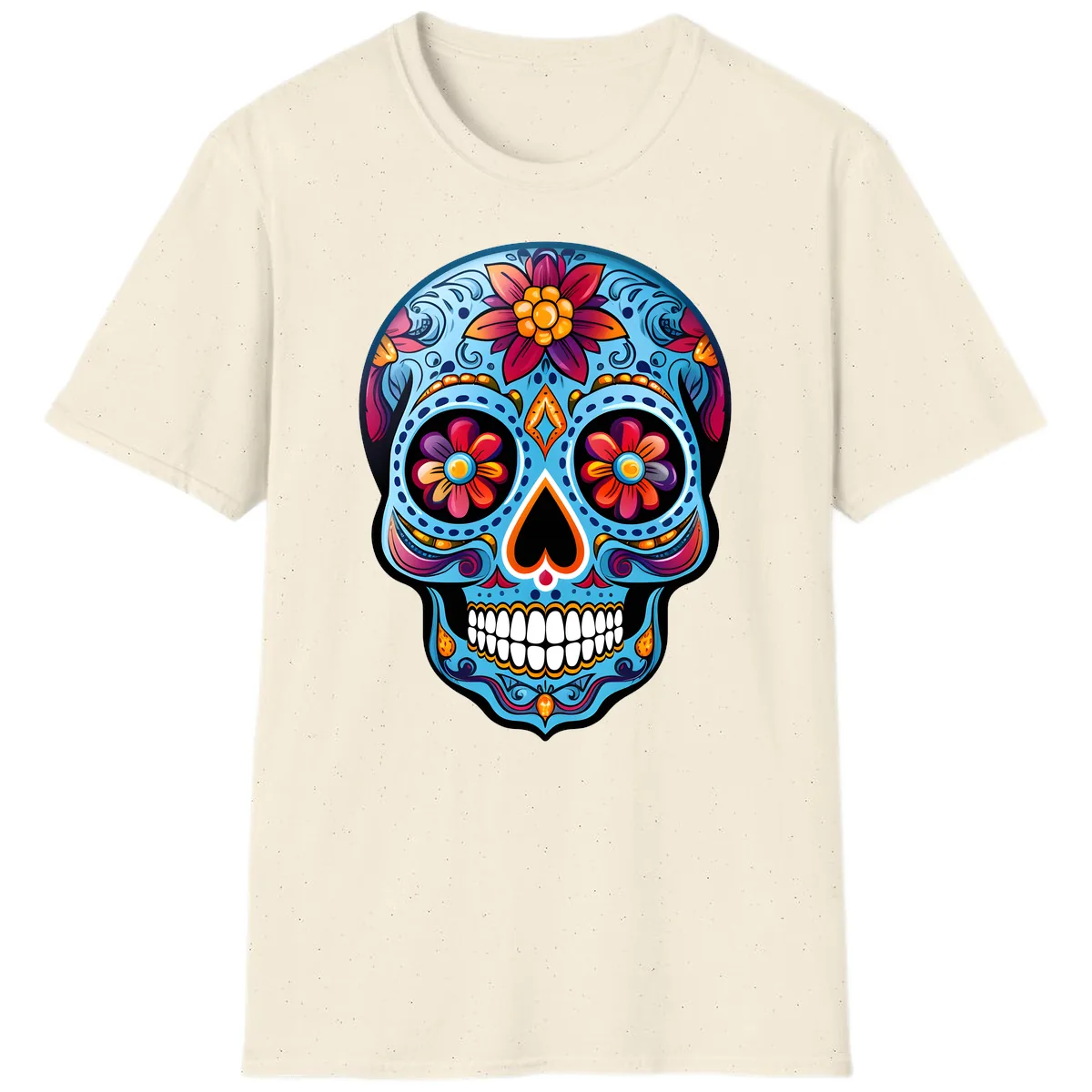 Vibrant Floral Calavera Sugar Skull Artwork T-Shirt in Natural