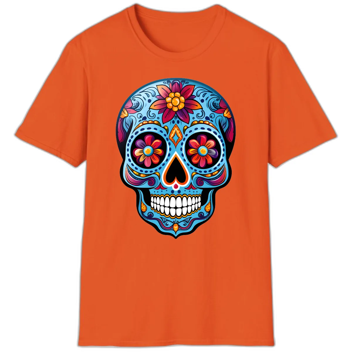 Vibrant Floral Calavera Sugar Skull Artwork T-Shirt in Orange