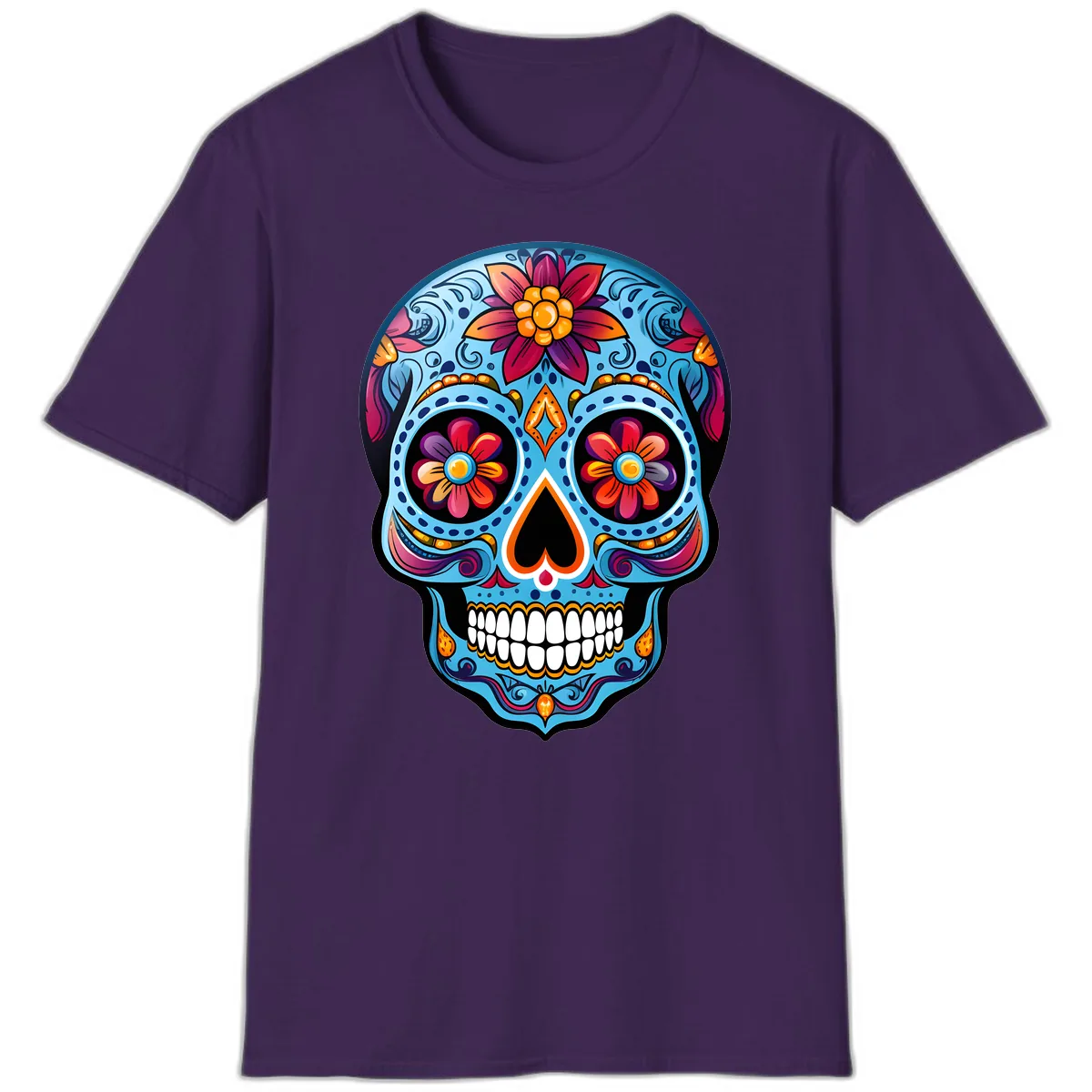 Vibrant Floral Calavera Sugar Skull Artwork T-Shirt in Purple