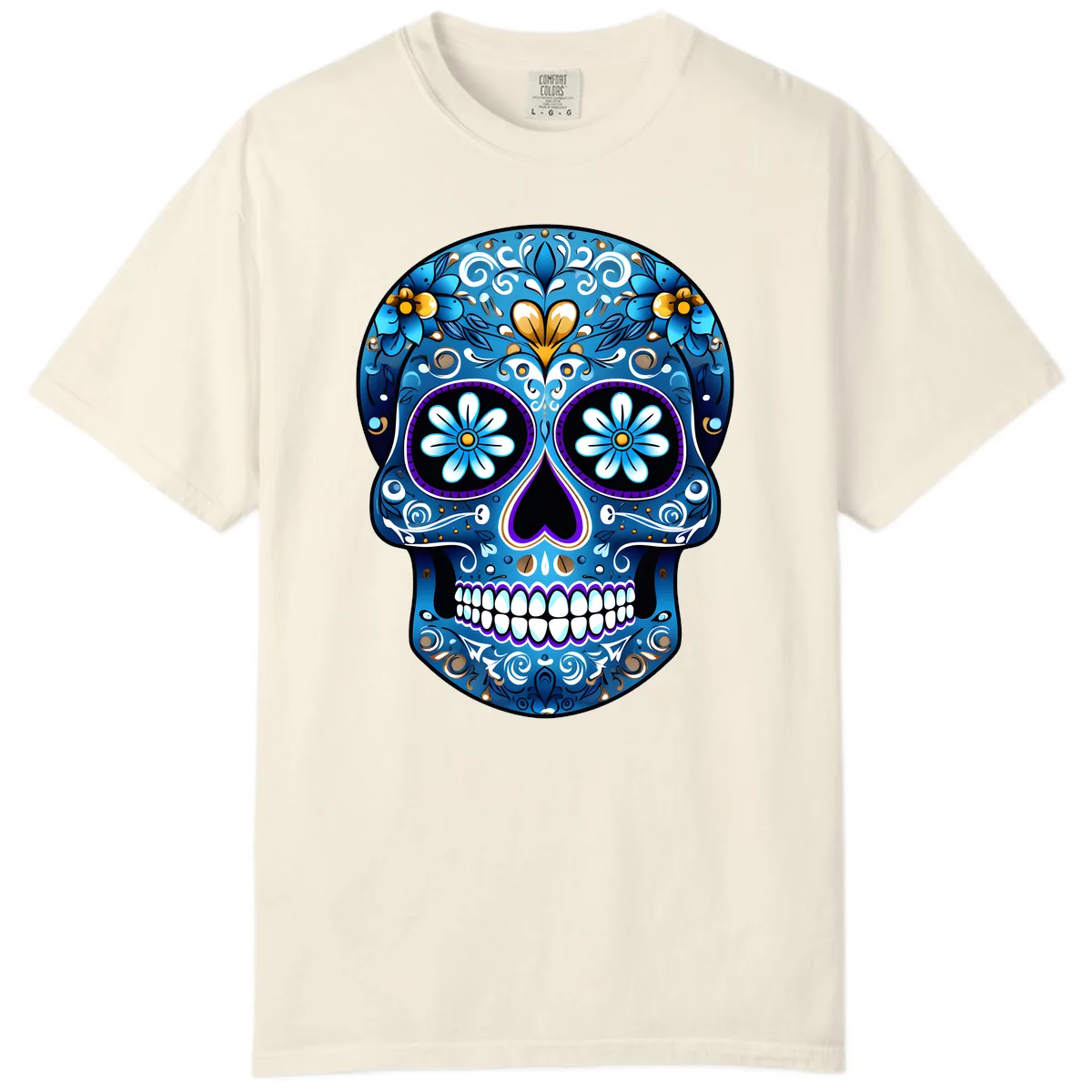 Vibrant Blue Floral Sugar Skull Calavera Comfort Color in Ivory