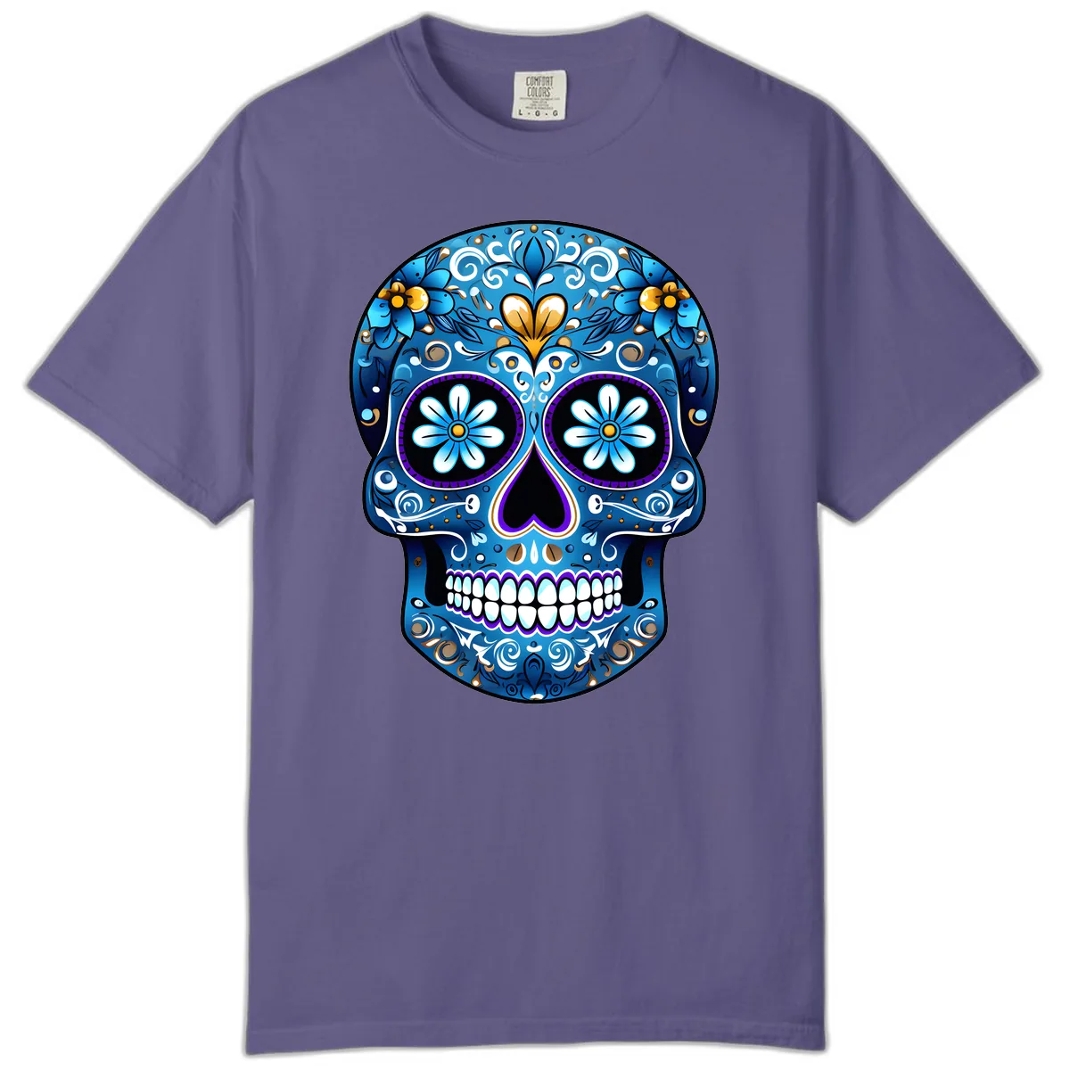 Vibrant Blue Floral Sugar Skull Calavera Comfort Color in Grape