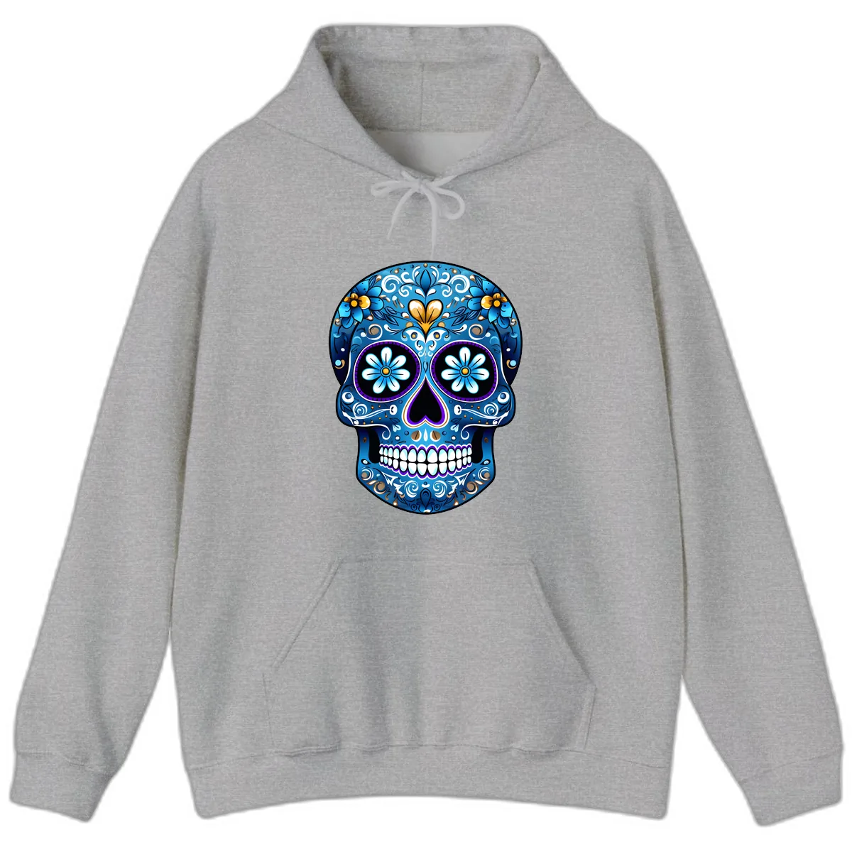 Vibrant Blue Floral Sugar Skull Calavera Hoodie in Sport Grey
