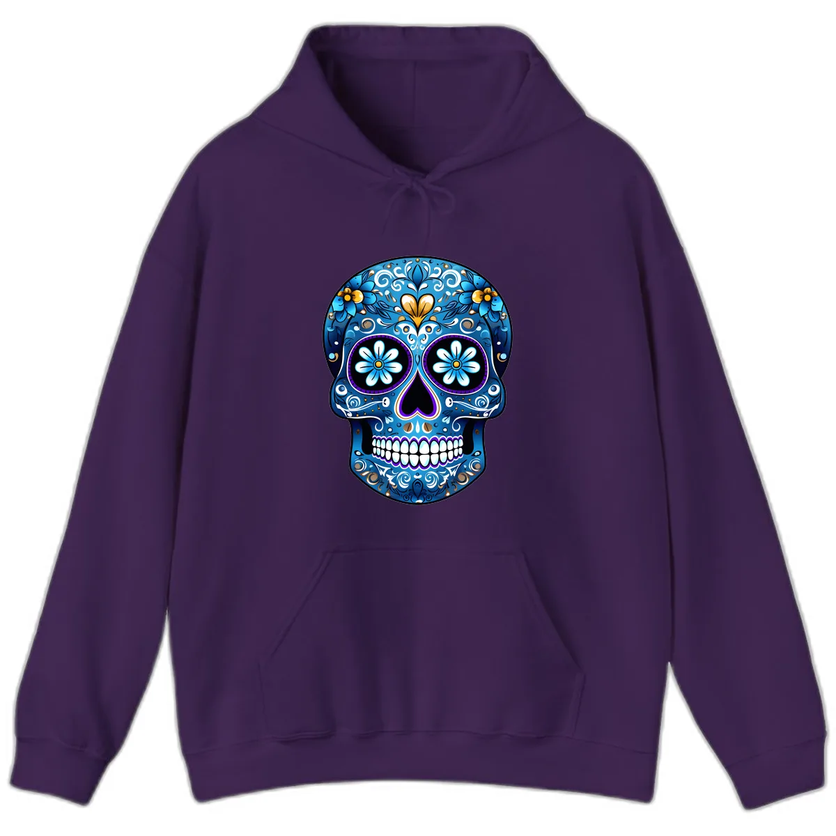 Vibrant Blue Floral Sugar Skull Calavera Hoodie in Purple