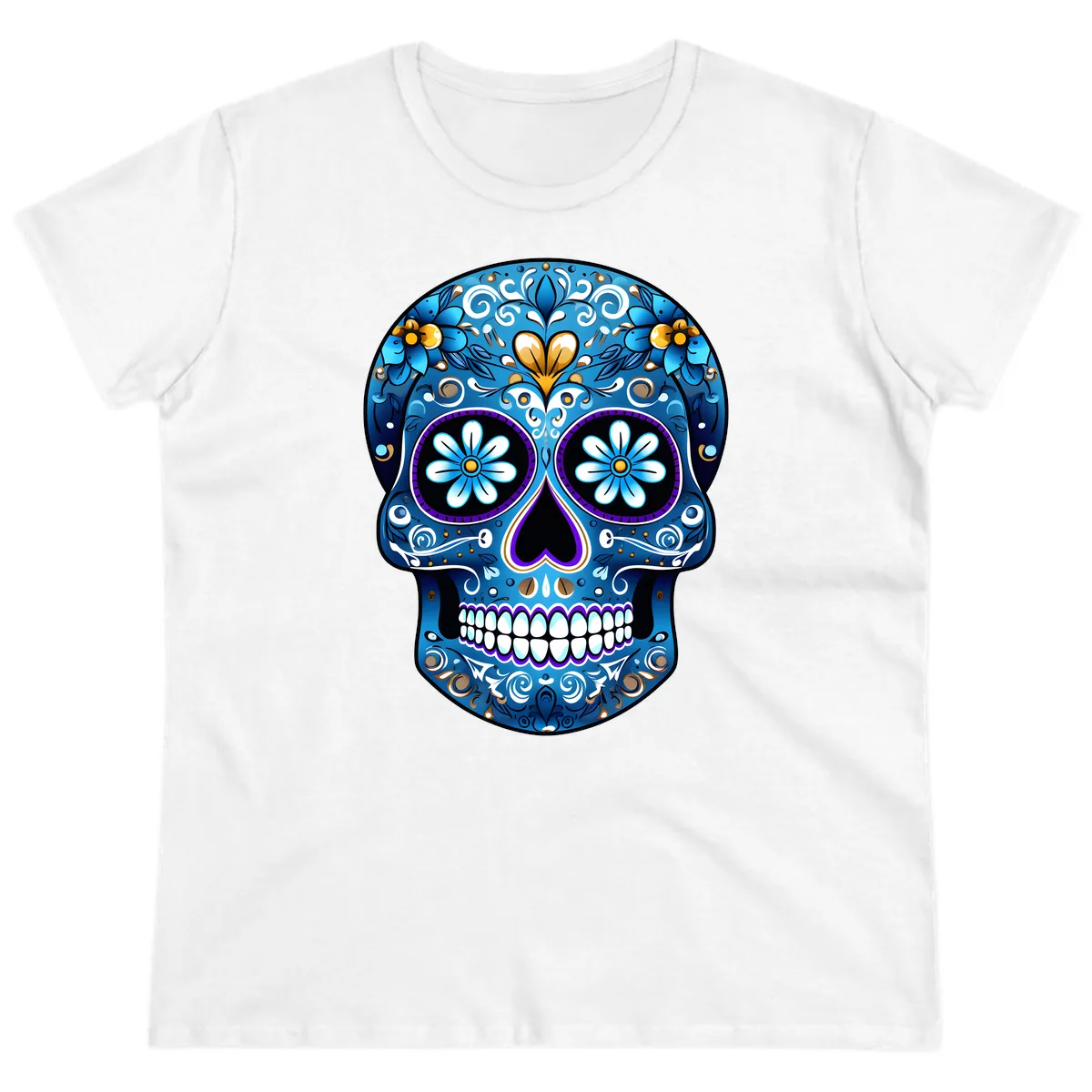 Vibrant Blue Floral Sugar Skull Calavera Ladies Tee in White