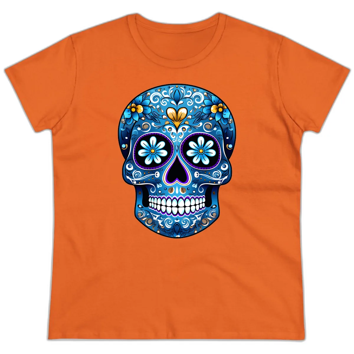 Vibrant Blue Floral Sugar Skull Calavera Ladies Tee in Orange