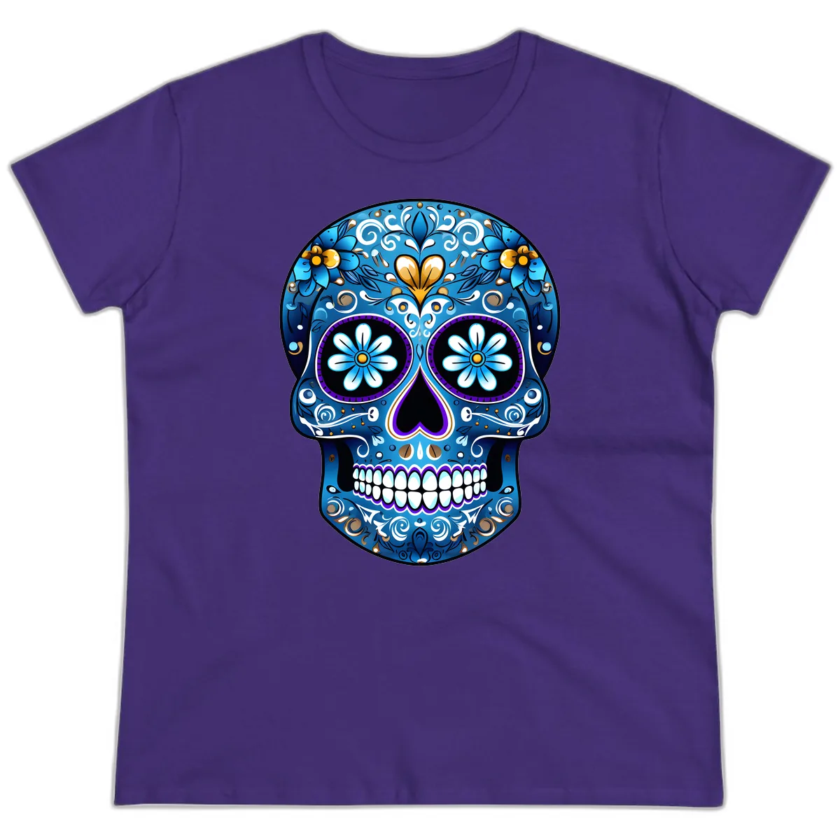 Vibrant Blue Floral Sugar Skull Calavera Ladies Tee in Purple