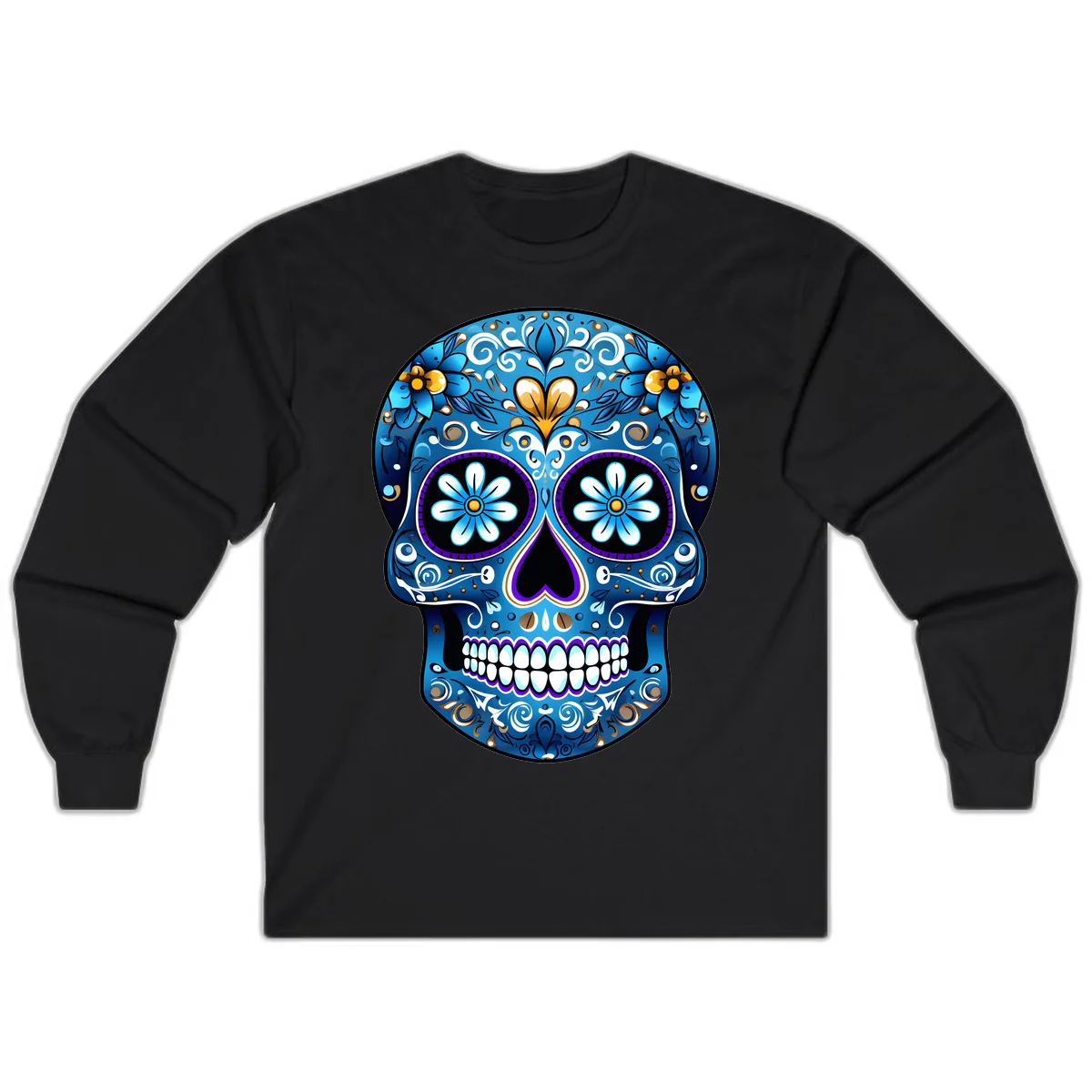 Vibrant Blue Floral Sugar Skull Calavera Long Sleeve in Black