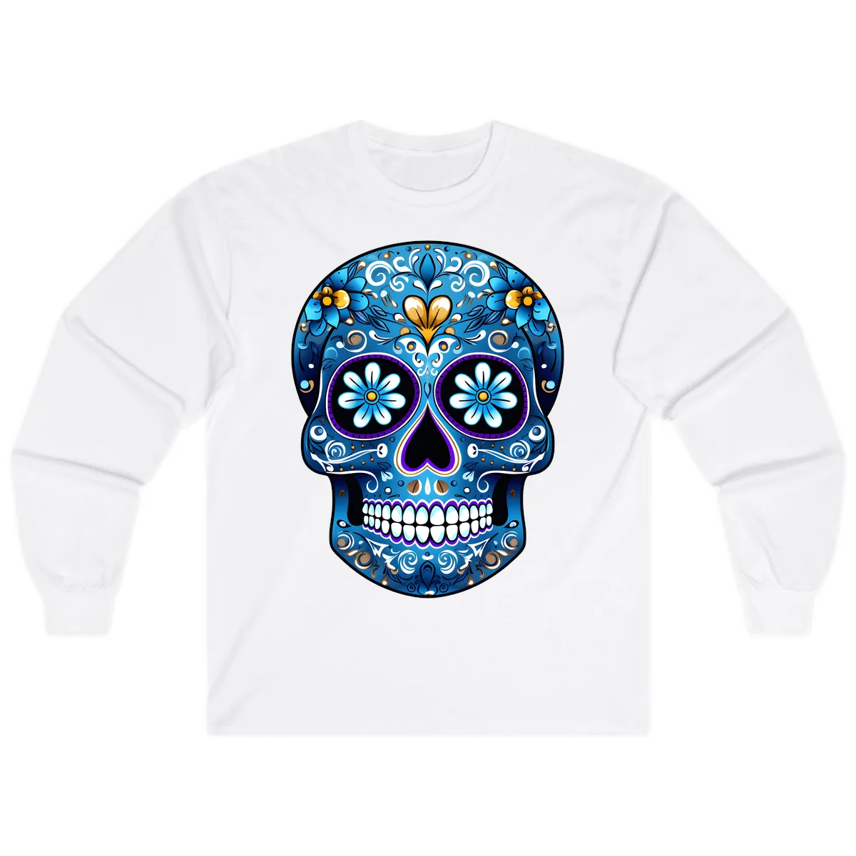 Vibrant Blue Floral Sugar Skull Calavera Long Sleeve in White