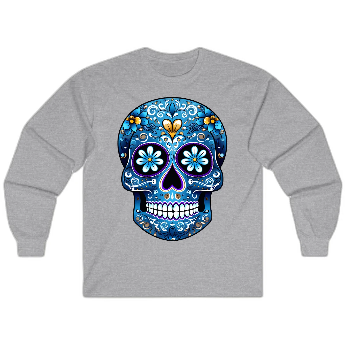 Vibrant Blue Floral Sugar Skull Calavera Long Sleeve in Sport Grey