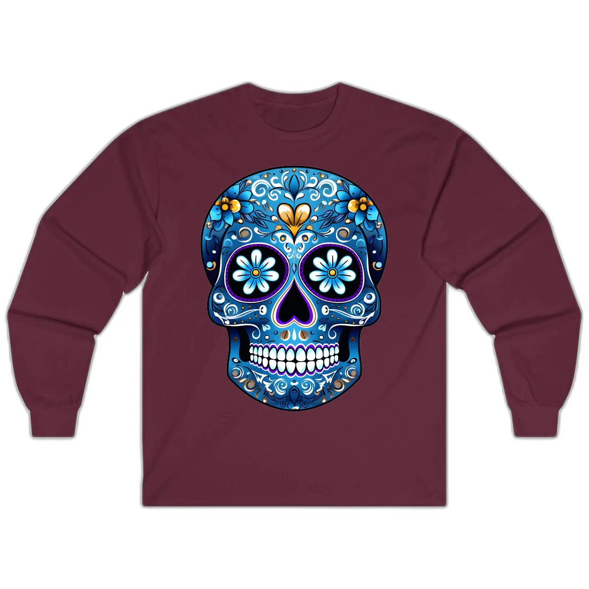 Vibrant Blue Floral Sugar Skull Calavera Long Sleeve in Maroon