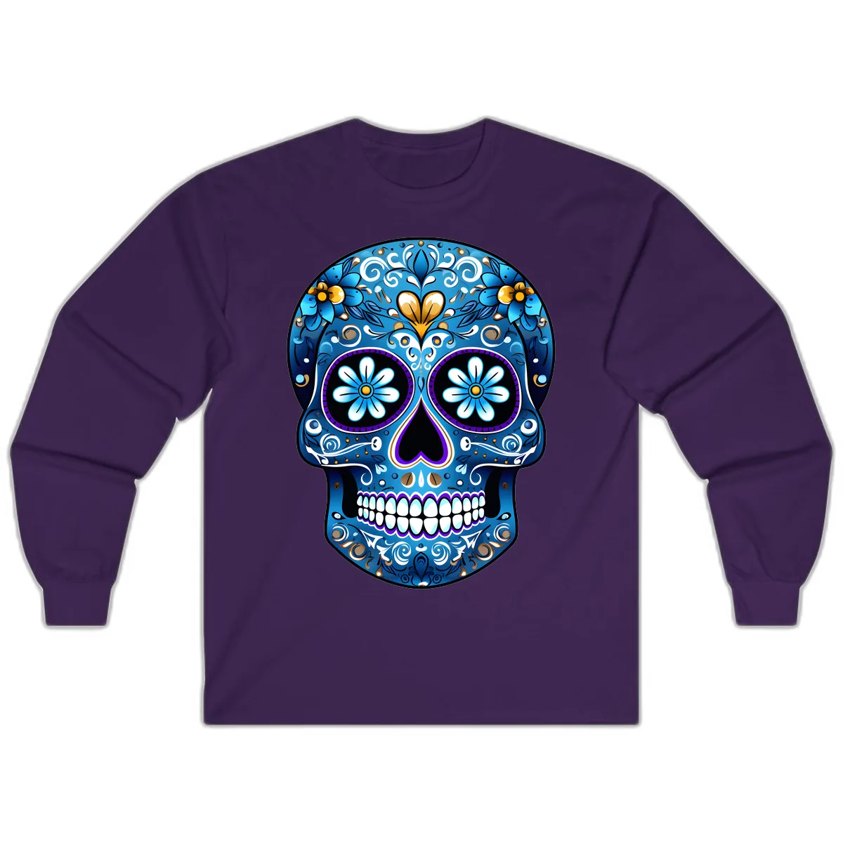 Vibrant Blue Floral Sugar Skull Calavera Long Sleeve in Purple