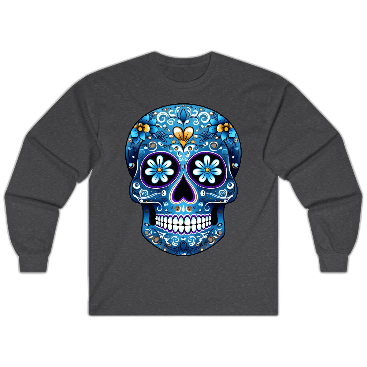 Vibrant Blue Floral Sugar Skull Calavera Long Sleeve in Dark Heather