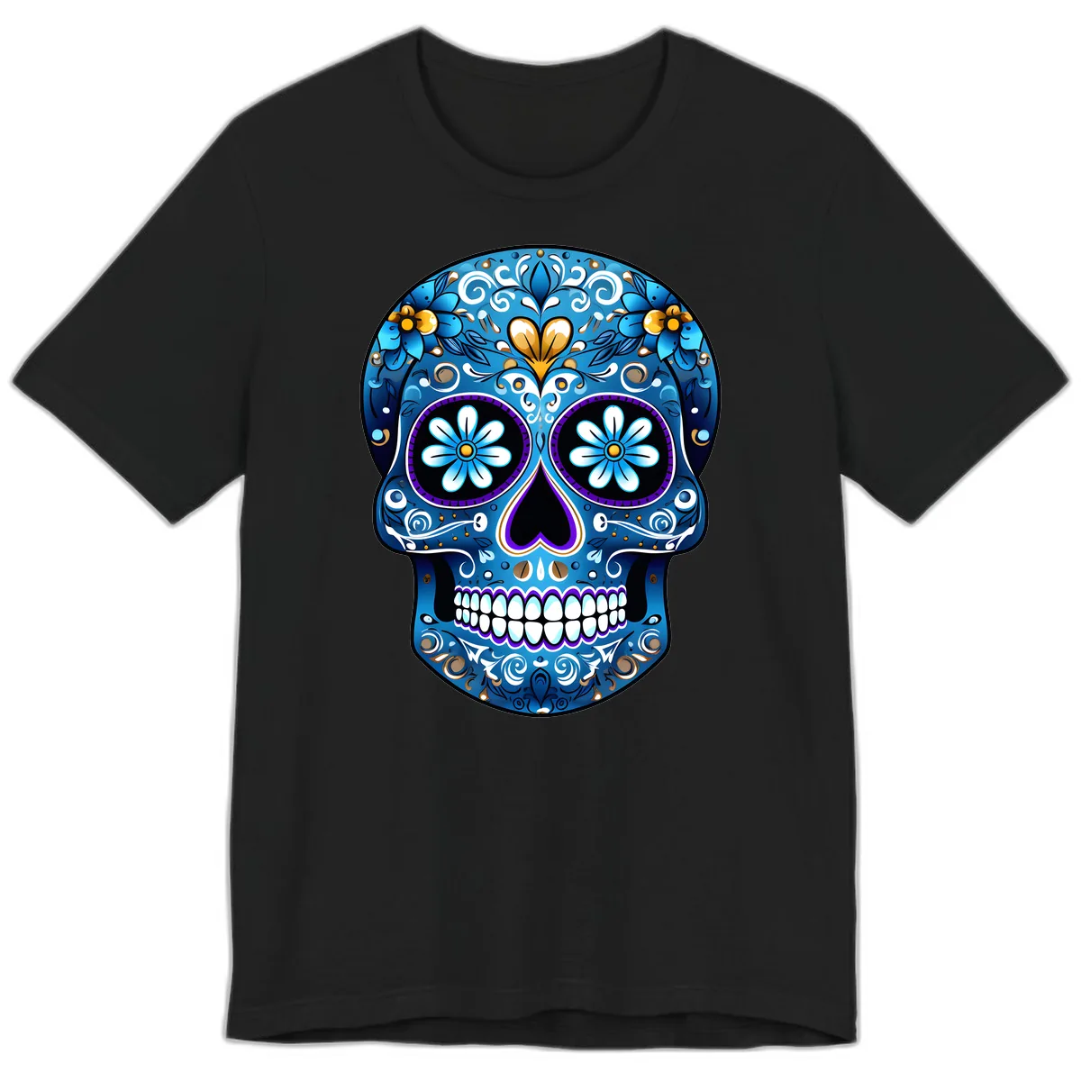 Vibrant Blue Floral Sugar Skull Calavera Premium T-Shirt in Black