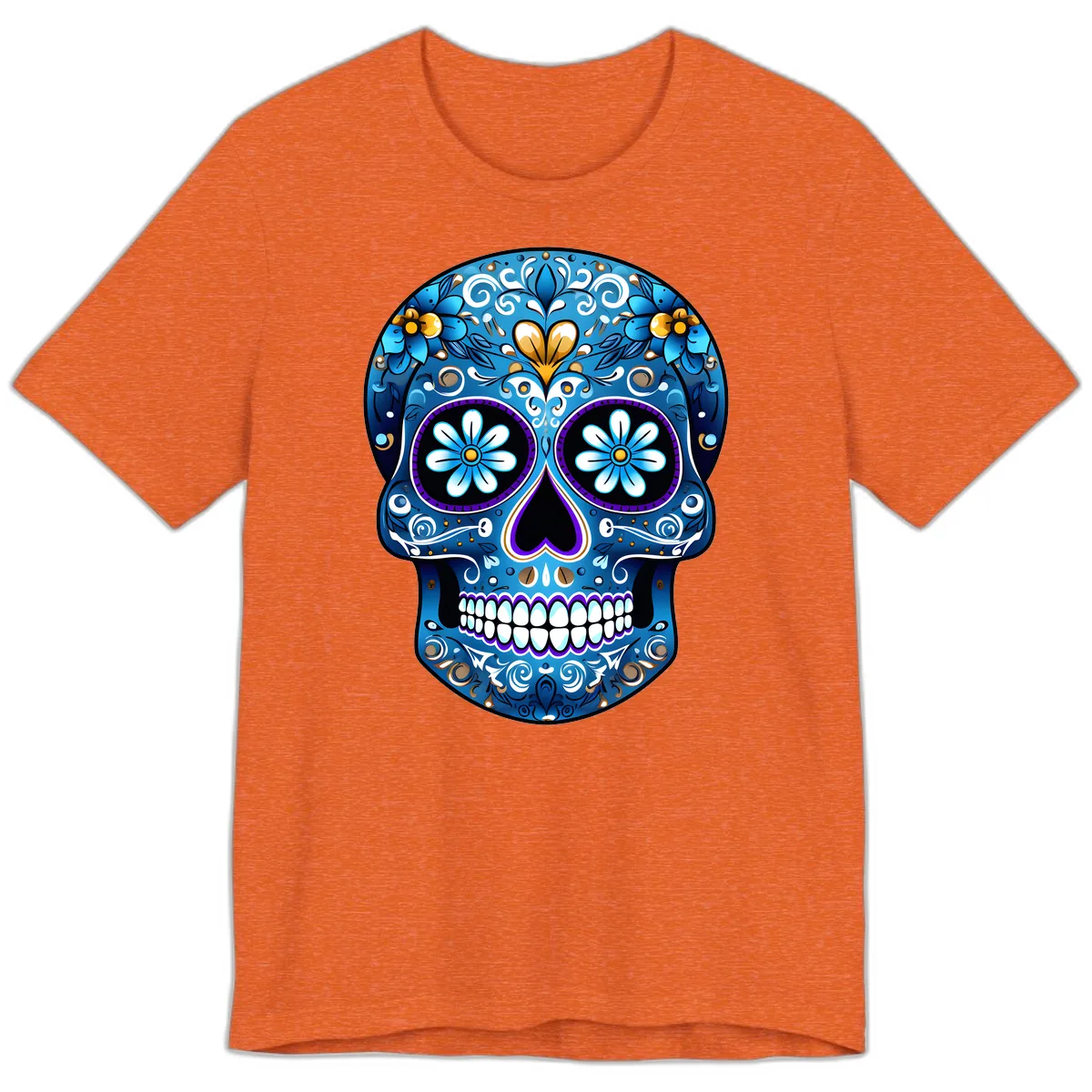 Vibrant Blue Floral Sugar Skull Calavera Premium T-Shirt in Heather Orange