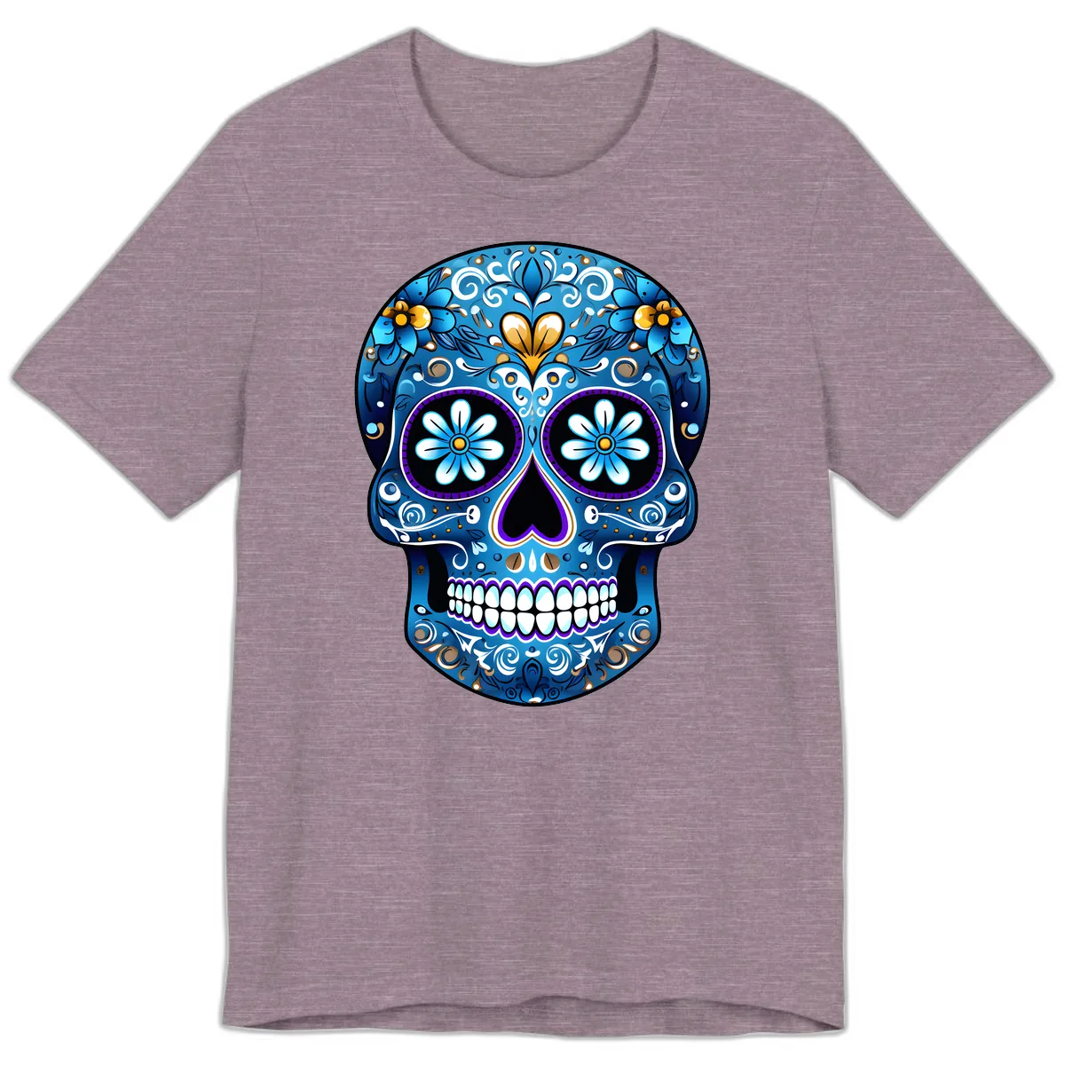 Vibrant Blue Floral Sugar Skull Calavera Premium T-Shirt in Heather Purple