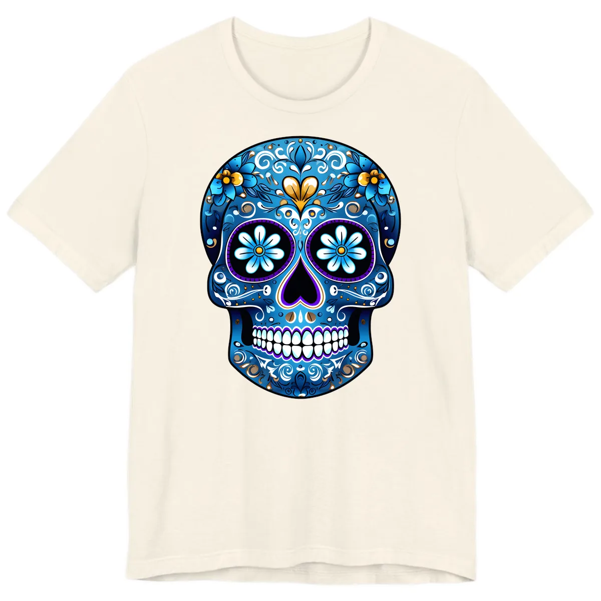 Vibrant Blue Floral Sugar Skull Calavera Premium T-Shirt in Natural