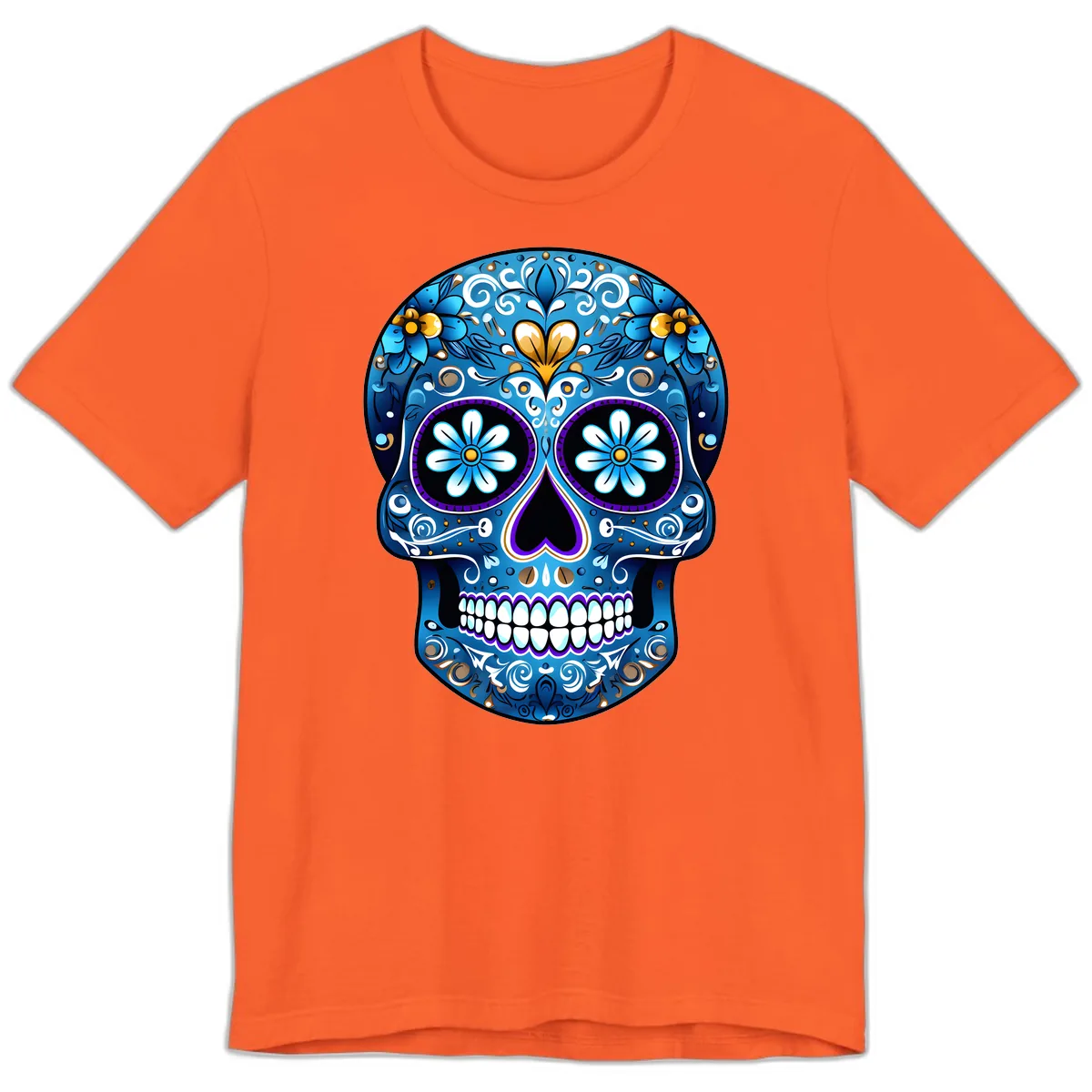 Vibrant Blue Floral Sugar Skull Calavera Premium T-Shirt in Orange